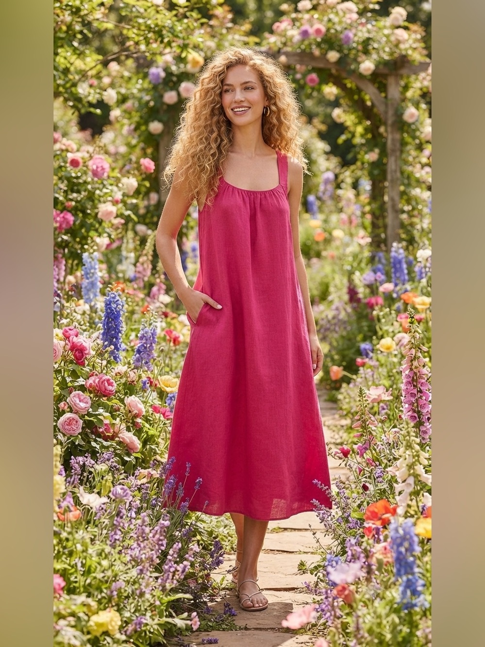EILEEN FISHER Organic Linen Mid Cami Dress Sundress Sz Medium Geranium Pink NWT